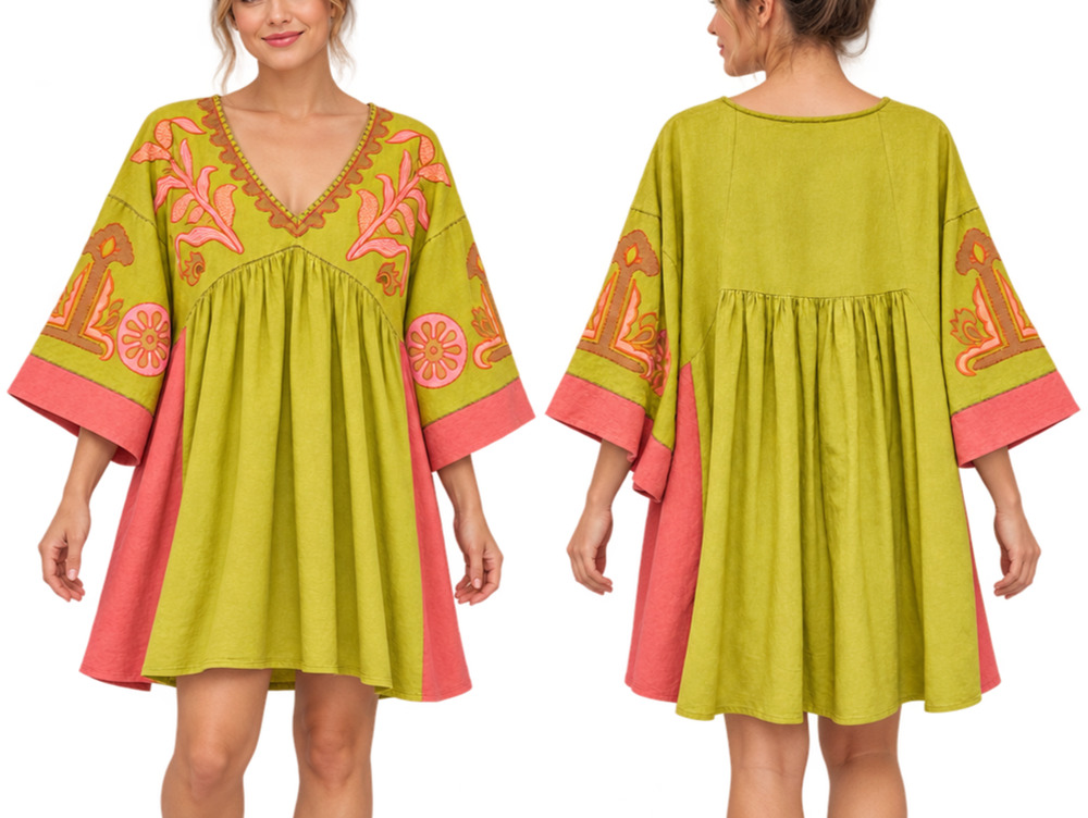 Easel L Chartreuse Coral Embroidered Cotton Boho Tunic Dress Bell Sleeve Airy